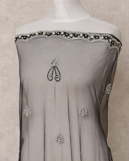 Lavender Grey Embroidered Nylon Tulle Fabric with Sequin and Thread Buti & Border Work, 140 cm Width, Made in India-D23484