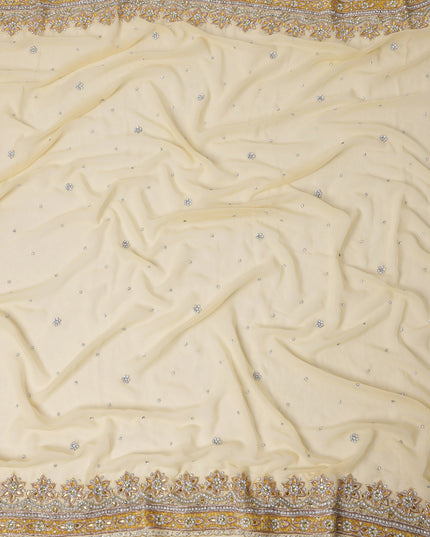 Ivory Cream Embroidered Nylon Tulle Fabric with Sequin and Bead Floral Border and Scatter Work, 140 cm Width, Made in India-D23485