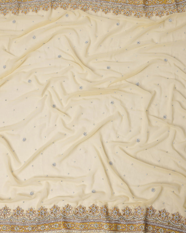 Ivory Cream Embroidered Nylon Tulle Fabric with Sequin and Bead Floral Border and Scatter Work, 140 cm Width, Made in India-D23485