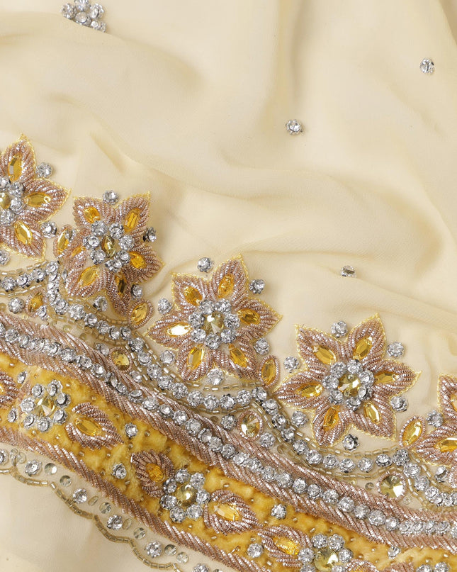 Ivory Cream Embroidered Nylon Tulle Fabric with Sequin and Bead Floral Border and Scatter Work, 140 cm Width, Made in India-D23485