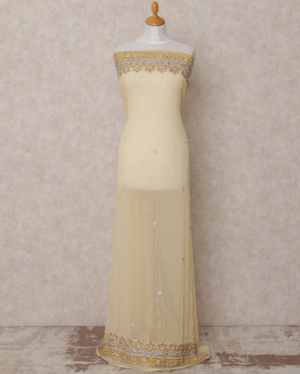 Ivory Cream Embroidered Nylon Tulle Fabric with Sequin and Bead Floral Border and Scatter Work, 140 cm Width, Made in India-D23485