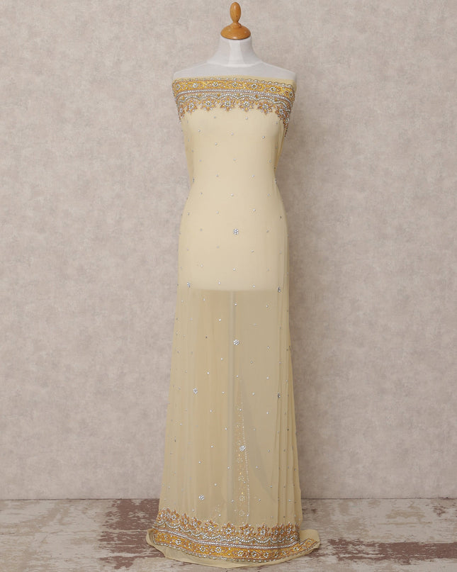 Ivory Cream Embroidered Nylon Tulle Fabric with Sequin and Bead Floral Border and Scatter Work, 140 cm Width, Made in India-D23485