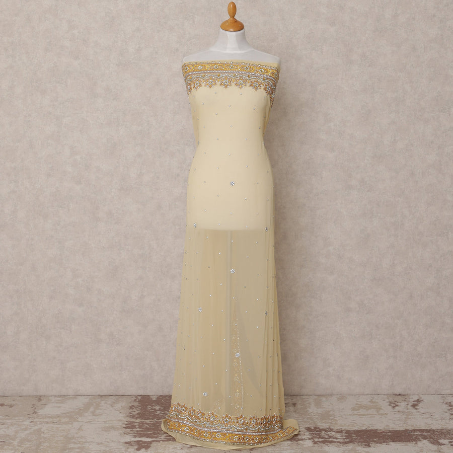 Ivory Cream Embroidered Nylon Tulle Fabric with Sequin and Bead Floral Border and Scatter Work, 140 cm Width, Made in India-D23485