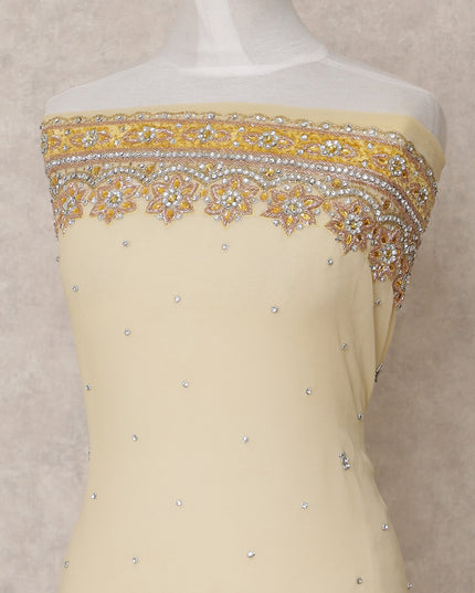 Ivory Cream Embroidered Nylon Tulle Fabric with Sequin and Bead Floral Border and Scatter Work, 140 cm Width, Made in India-D23485