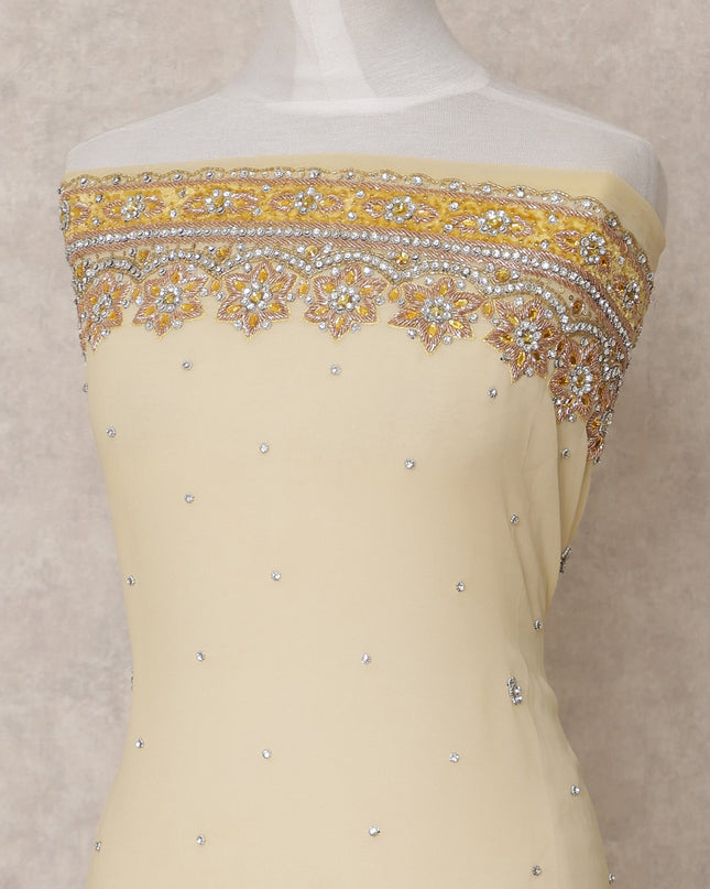Ivory Cream Embroidered Nylon Tulle Fabric with Sequin and Bead Floral Border and Scatter Work, 140 cm Width, Made in India-D23485