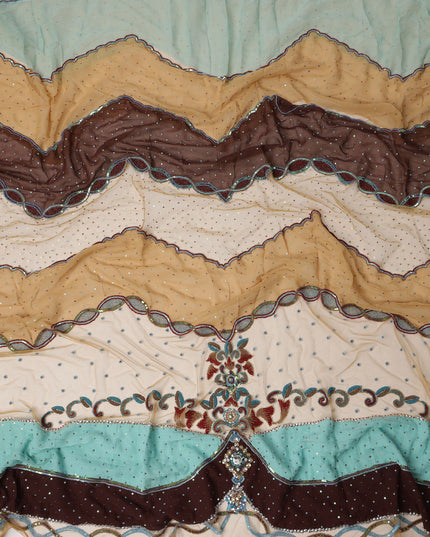 Beige Multi-Color Embroidered Nylon Tulle Fabric with Chevron Panels, Sequin Floral Motif and Stone Work, 140 cm Width, Made in India-D23486