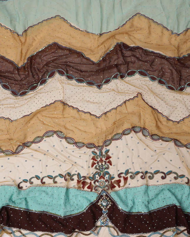 Beige Multi-Color Embroidered Nylon Tulle Fabric with Chevron Panels, Sequin Floral Motif and Stone Work, 140 cm Width, Made in India-D23486