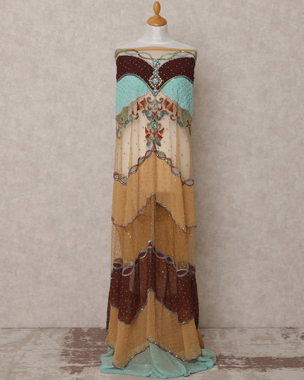 Beige Multi-Color Embroidered Nylon Tulle Fabric with Chevron Panels, Sequin Floral Motif and Stone Work, 140 cm Width, Made in India-D23486