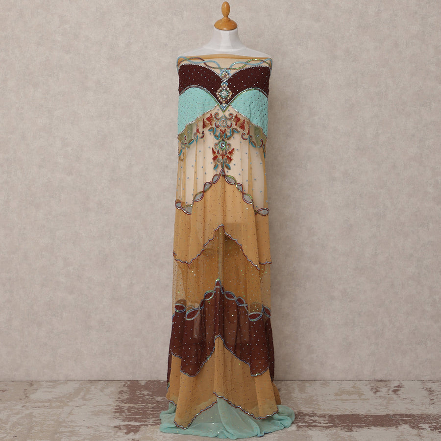 Beige Multi-Color Embroidered Nylon Tulle Fabric with Chevron Panels, Sequin Floral Motif and Stone Work, 140 cm Width, Made in India-D23486