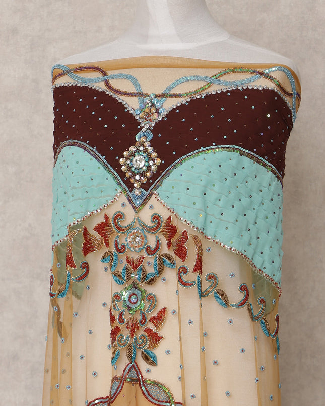 Beige Multi-Color Embroidered Nylon Tulle Fabric with Chevron Panels, Sequin Floral Motif and Stone Work, 140 cm Width, Made in India-D23486