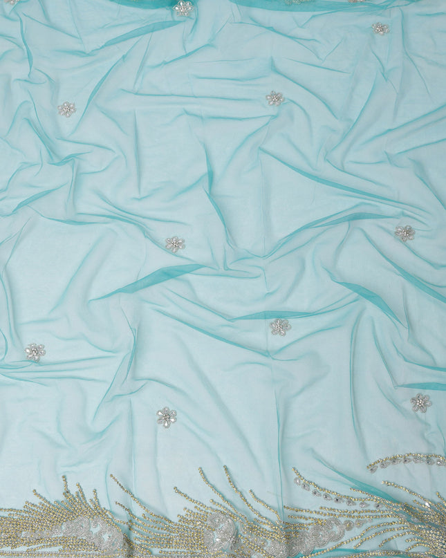 Sky Blue Embroidered Nylon Tulle Fabric with Floral Sequin Butis and Heavy Beaded Border, 140 cm Width, Made in India-D23487