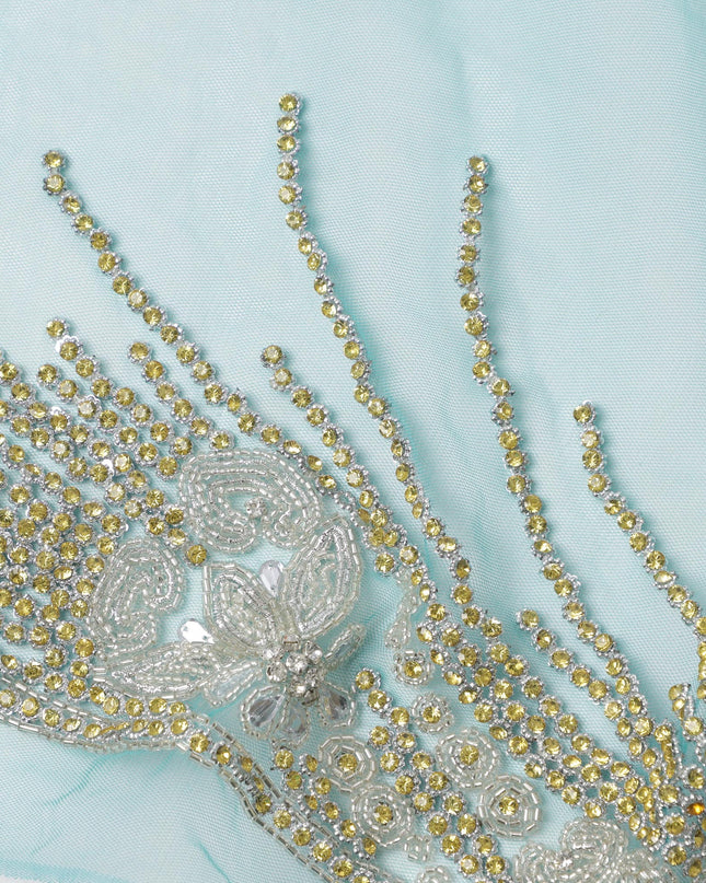 Sky Blue Embroidered Nylon Tulle Fabric with Floral Sequin Butis and Heavy Beaded Border, 140 cm Width, Made in India-D23487