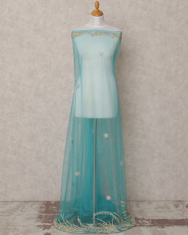 Sky Blue Embroidered Nylon Tulle Fabric with Floral Sequin Butis and Heavy Beaded Border, 140 cm Width, Made in India-D23487