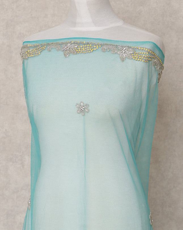 Sky Blue Embroidered Nylon Tulle Fabric with Floral Sequin Butis and Heavy Beaded Border, 140 cm Width, Made in India-D23487
