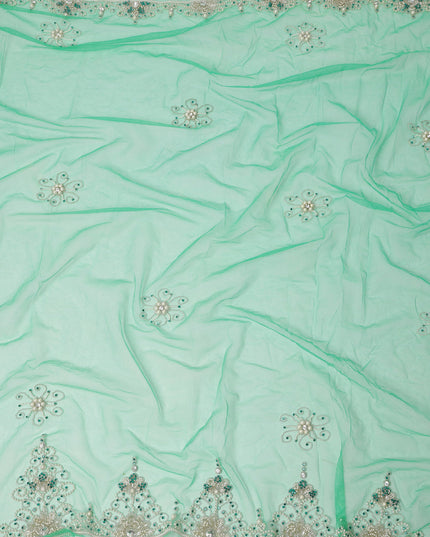 Mint Green Embroidered Nylon Tulle Fabric with Sequin and Bead Floral Motifs and Scalloped Border, 140 cm Width, Made in India-D23488