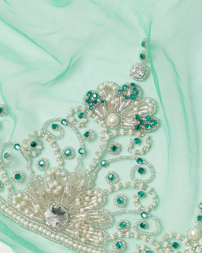 Mint Green Embroidered Nylon Tulle Fabric with Sequin and Bead Floral Motifs and Scalloped Border, 140 cm Width, Made in India-D23488