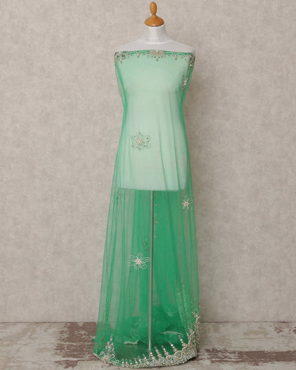 Mint Green Embroidered Nylon Tulle Fabric with Sequin and Bead Floral Motifs and Scalloped Border, 140 cm Width, Made in India-D23488