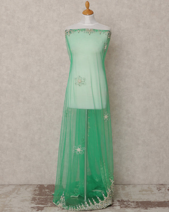 Mint Green Embroidered Nylon Tulle Fabric with Sequin and Bead Floral Motifs and Scalloped Border, 140 cm Width, Made in India-D23488