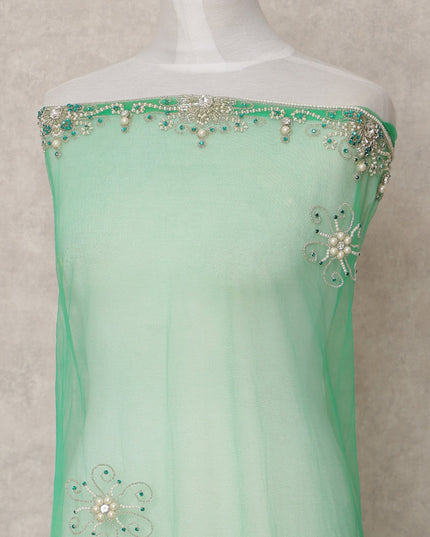 Mint Green Embroidered Nylon Tulle Fabric with Sequin and Bead Floral Motifs and Scalloped Border, 140 cm Width, Made in India-D23488