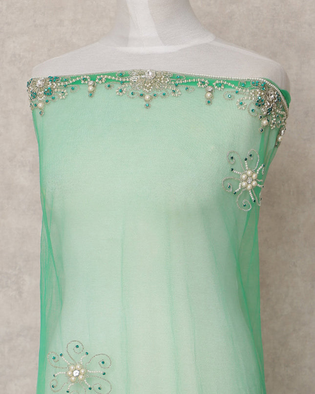 Mint Green Embroidered Nylon Tulle Fabric with Sequin and Bead Floral Motifs and Scalloped Border, 140 cm Width, Made in India-D23488