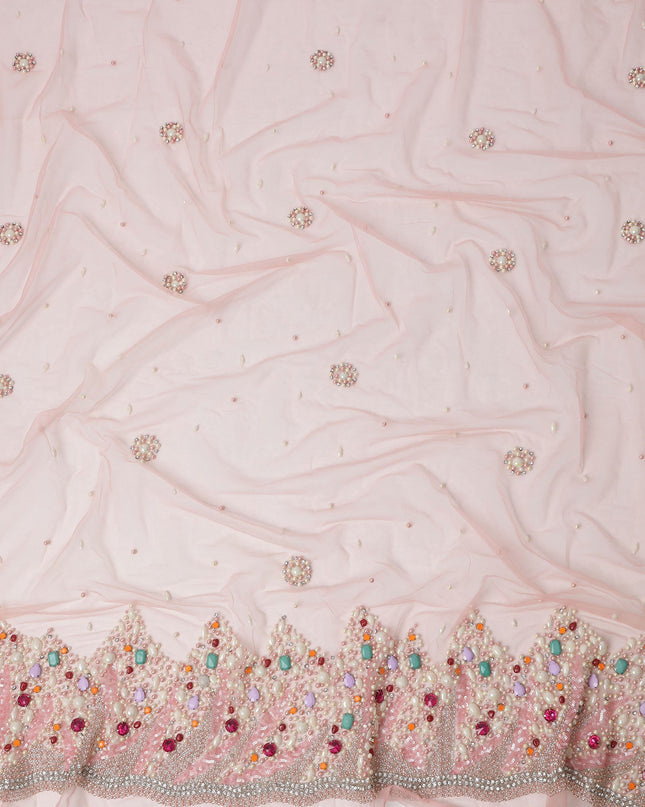 Baby Pink Embroidered Nylon Tulle Fabric with Pearl and Crystal Floral Butis and Multicolor Beaded Border, 140 cm Width, Made in India-D23489