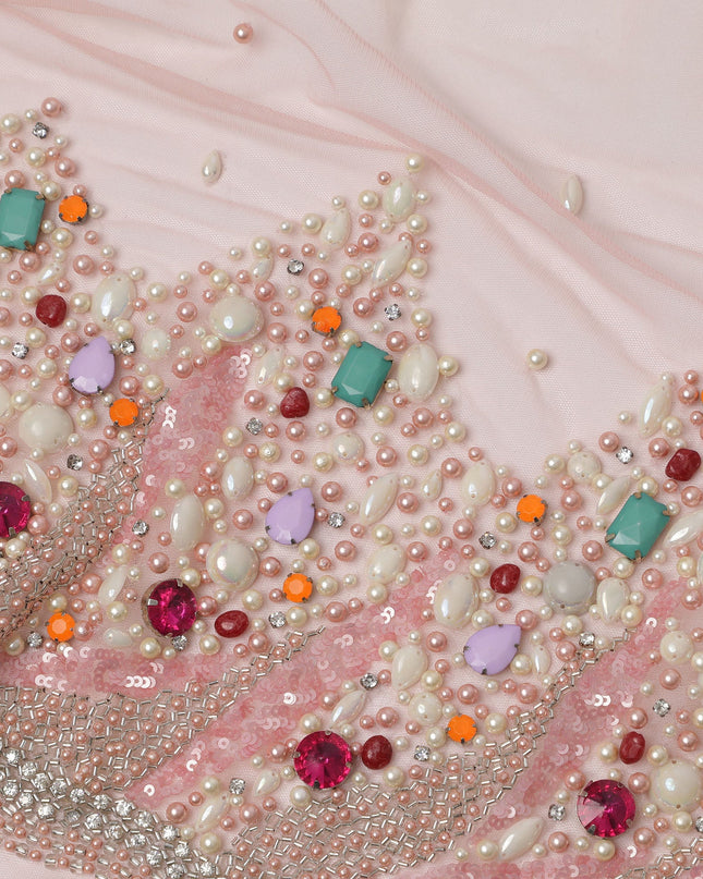Baby Pink Embroidered Nylon Tulle Fabric with Pearl and Crystal Floral Butis and Multicolor Beaded Border, 140 cm Width, Made in India-D23489
