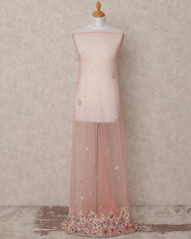 Baby Pink Embroidered Nylon Tulle Fabric with Pearl and Crystal Floral Butis and Multicolor Beaded Border, 140 cm Width, Made in India-D23489