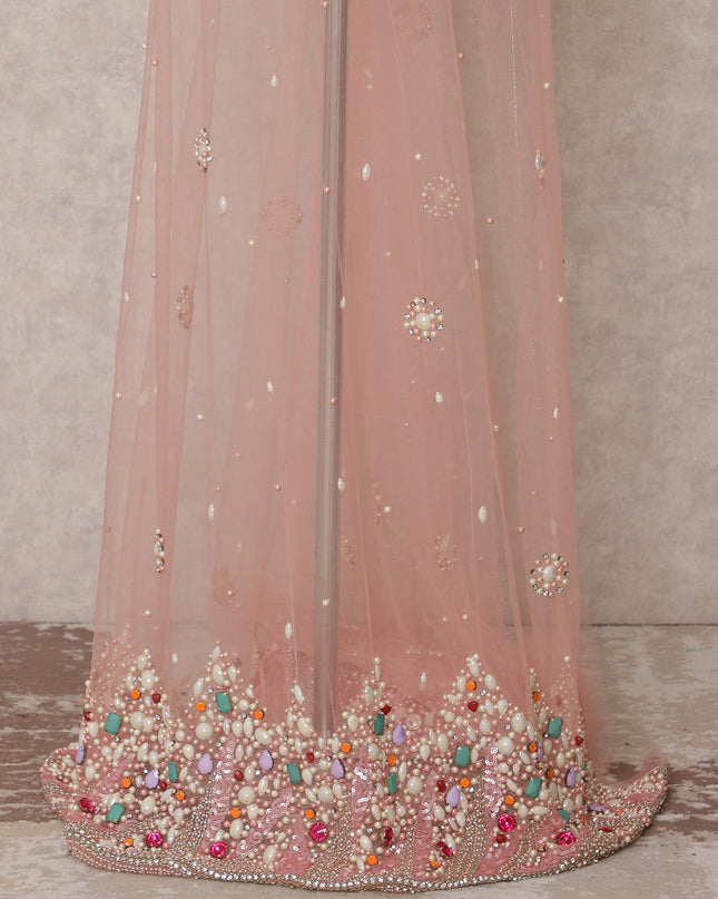 Baby Pink Embroidered Nylon Tulle Fabric with Pearl and Crystal Floral Butis and Multicolor Beaded Border, 140 cm Width, Made in India-D23489