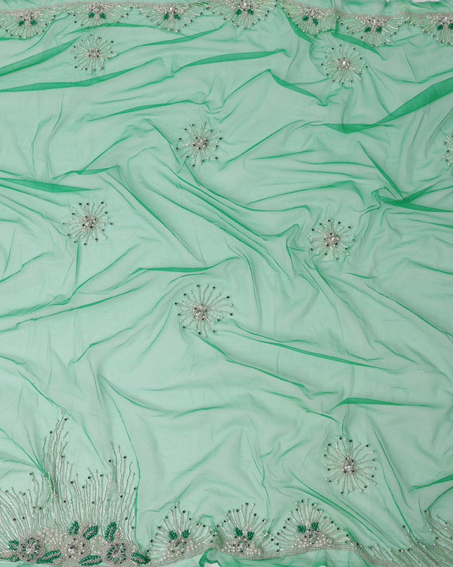 Sea Green Embroidered Nylon Tulle Fabric with Radiant Sequin Star Butis and Silver Beaded Border, 140 cm Width, Made in India-D23490