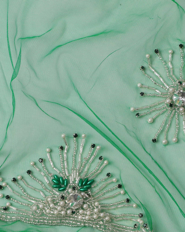 Sea Green Embroidered Nylon Tulle Fabric with Radiant Sequin Star Butis and Silver Beaded Border, 140 cm Width, Made in India-D23490