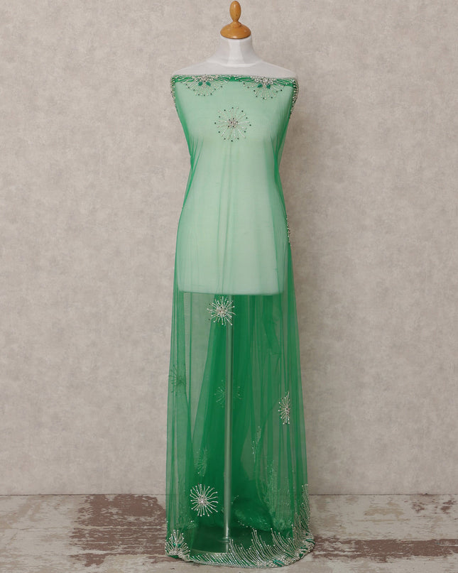 Sea Green Embroidered Nylon Tulle Fabric with Radiant Sequin Star Butis and Silver Beaded Border, 140 cm Width, Made in India-D23490