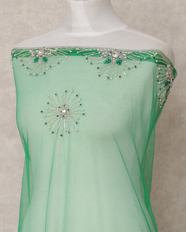Sea Green Embroidered Nylon Tulle Fabric with Radiant Sequin Star Butis and Silver Beaded Border, 140 cm Width, Made in India-D23490