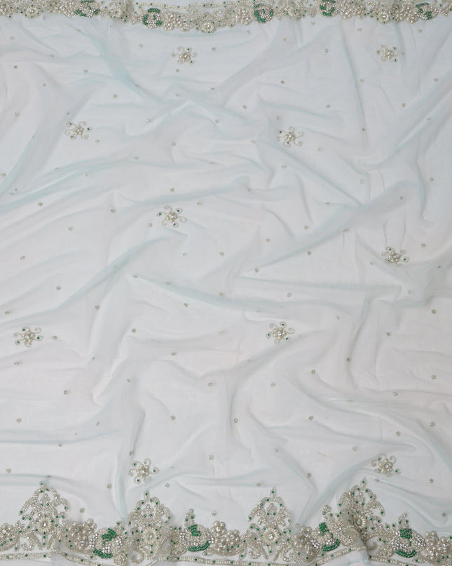 Ice Blue Embroidered Nylon Tulle Fabric with Pearl Beaded Floral Butis and Silver-Green Border Work, 140 cm Width, Made in India-D23491