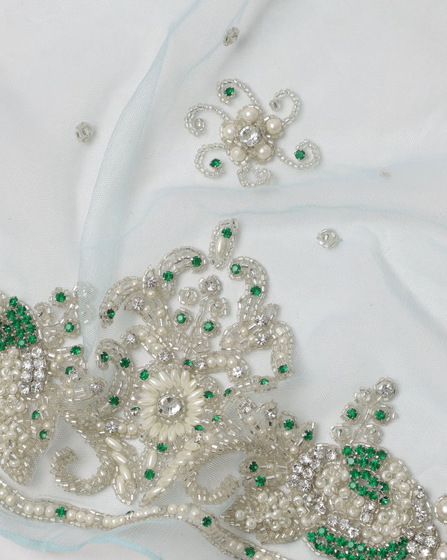 Ice Blue Embroidered Nylon Tulle Fabric with Pearl Beaded Floral Butis and Silver-Green Border Work, 140 cm Width, Made in India-D23491