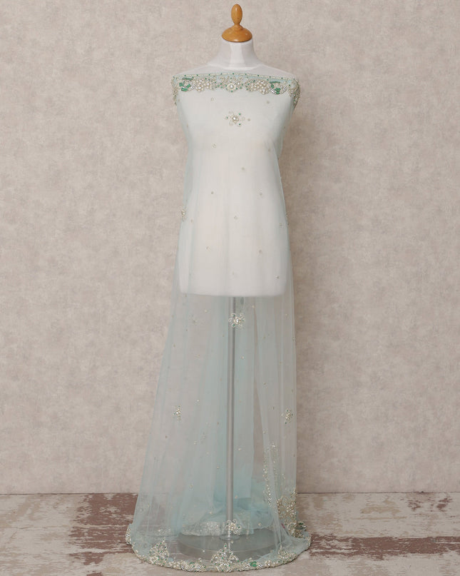Ice Blue Embroidered Nylon Tulle Fabric with Pearl Beaded Floral Butis and Silver-Green Border Work, 140 cm Width, Made in India-D23491