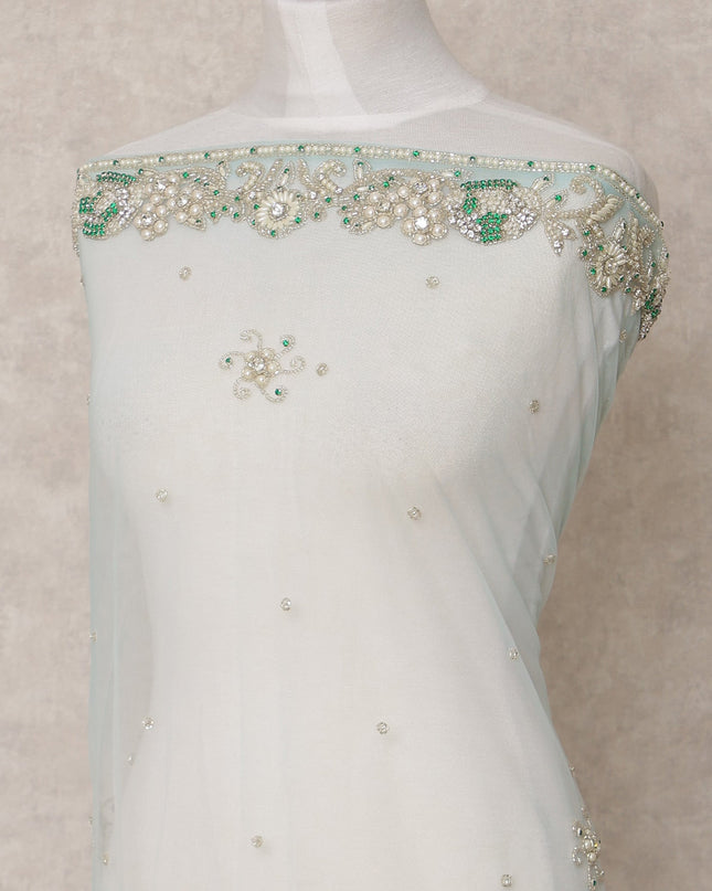 Ice Blue Embroidered Nylon Tulle Fabric with Pearl Beaded Floral Butis and Silver-Green Border Work, 140 cm Width, Made in India-D23491