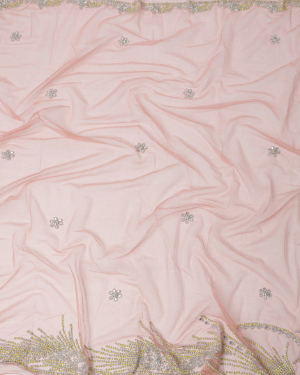 Blush Pink Embroidered Nylon Tulle Fabric with Floral Sequin Butis and Gold-Silver Beaded Border Work, 140 cm Width, Made in India-D23492