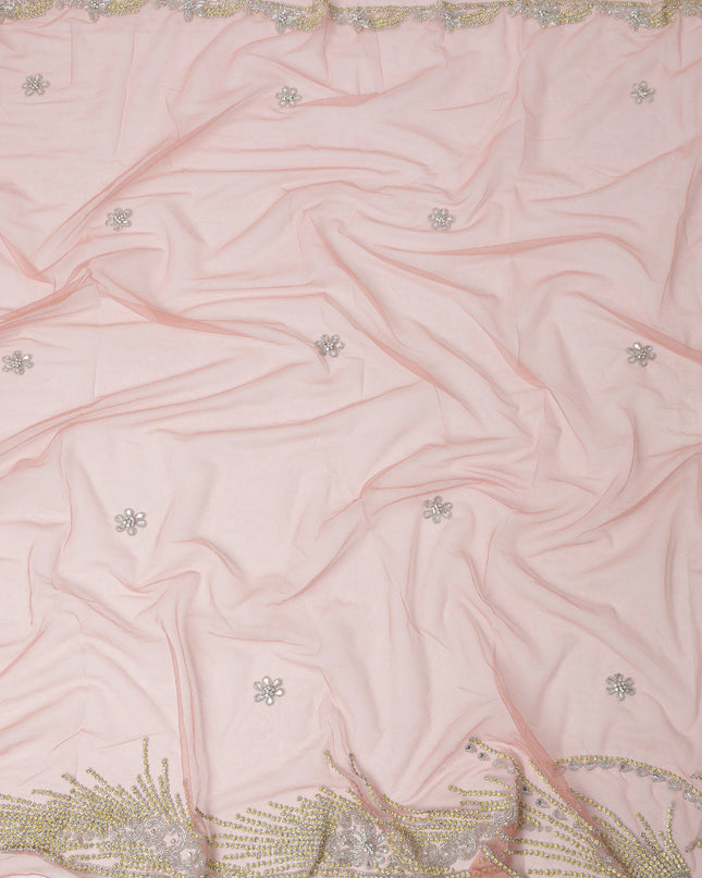 Blush Pink Embroidered Nylon Tulle Fabric with Floral Sequin Butis and Gold-Silver Beaded Border Work, 140 cm Width, Made in India-D23492
