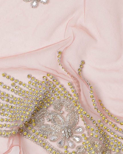 Blush Pink Embroidered Nylon Tulle Fabric with Floral Sequin Butis and Gold-Silver Beaded Border Work, 140 cm Width, Made in India-D23492