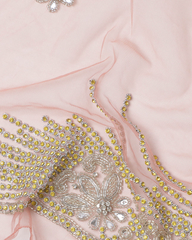 Blush Pink Embroidered Nylon Tulle Fabric with Floral Sequin Butis and Gold-Silver Beaded Border Work, 140 cm Width, Made in India-D23492