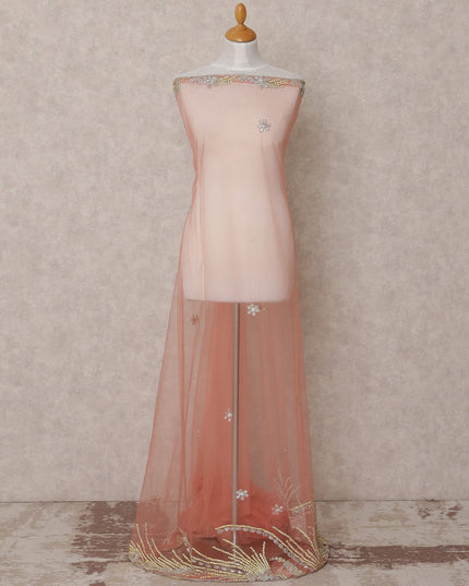 Blush Pink Embroidered Nylon Tulle Fabric with Floral Sequin Butis and Gold-Silver Beaded Border Work, 140 cm Width, Made in India-D23492