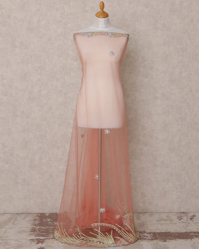 Blush Pink Embroidered Nylon Tulle Fabric with Floral Sequin Butis and Gold-Silver Beaded Border Work, 140 cm Width, Made in India-D23492