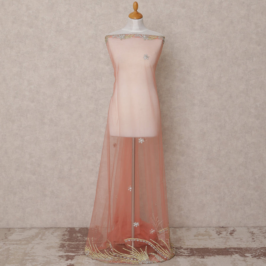 Blush Pink Embroidered Nylon Tulle Fabric with Floral Sequin Butis and Gold-Silver Beaded Border Work, 140 cm Width, Made in India-D23492