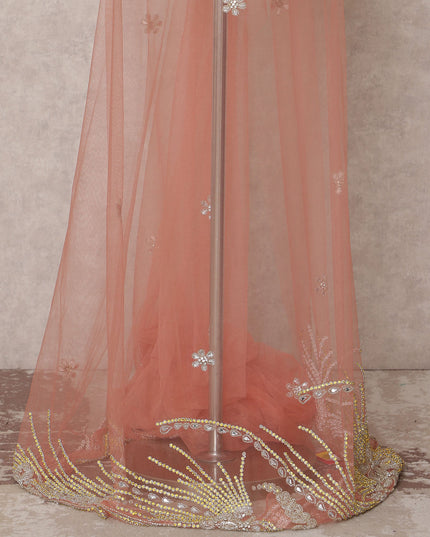 Blush Pink Embroidered Nylon Tulle Fabric with Floral Sequin Butis and Gold-Silver Beaded Border Work, 140 cm Width, Made in India-D23492