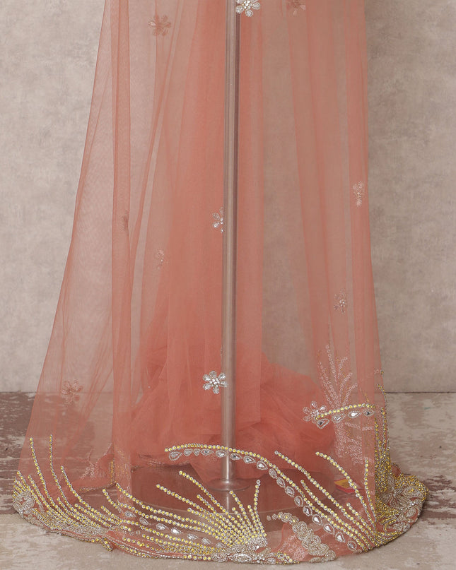 Blush Pink Embroidered Nylon Tulle Fabric with Floral Sequin Butis and Gold-Silver Beaded Border Work, 140 cm Width, Made in India-D23492