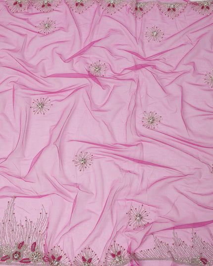 Rani Pink Embroidered Nylon Tulle Fabric with Starburst Sequin Butis and Pink-Silver Beaded Border, 140 cm Width, Made in India-D23493