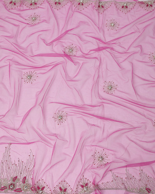Rani Pink Embroidered Nylon Tulle Fabric with Starburst Sequin Butis and Pink-Silver Beaded Border, 140 cm Width, Made in India-D23493