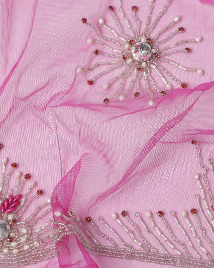 Rani Pink Embroidered Nylon Tulle Fabric with Starburst Sequin Butis and Pink-Silver Beaded Border, 140 cm Width, Made in India-D23493