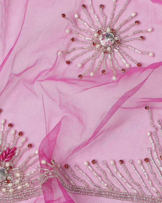 Rani Pink Embroidered Nylon Tulle Fabric with Starburst Sequin Butis and Pink-Silver Beaded Border, 140 cm Width, Made in India-D23493