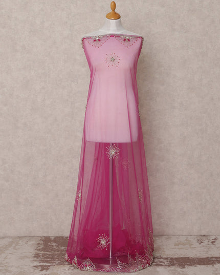 Rani Pink Embroidered Nylon Tulle Fabric with Starburst Sequin Butis and Pink-Silver Beaded Border, 140 cm Width, Made in India-D23493